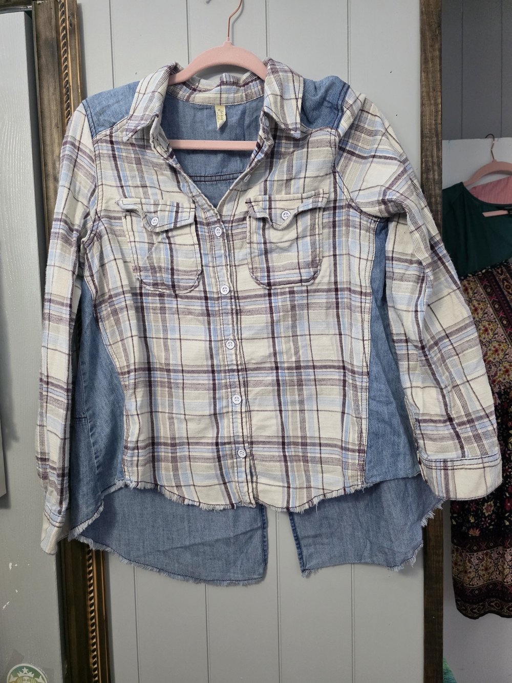 Free People Cream Plaid Button-Up with Denim Back